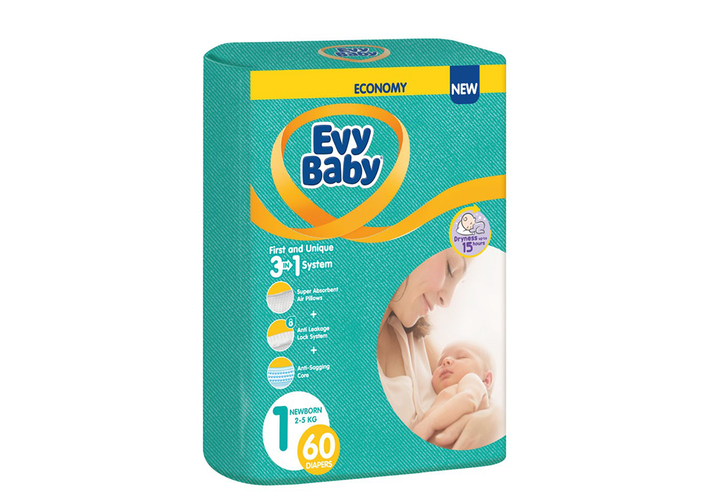 حفاضات أطفال إيفي بيبي، مقاس 1، 60 قطعة